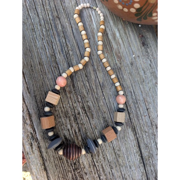 Vintage Wood Beaded Necklace: Earthtone Chunky Necklace - Picture 10 of 11